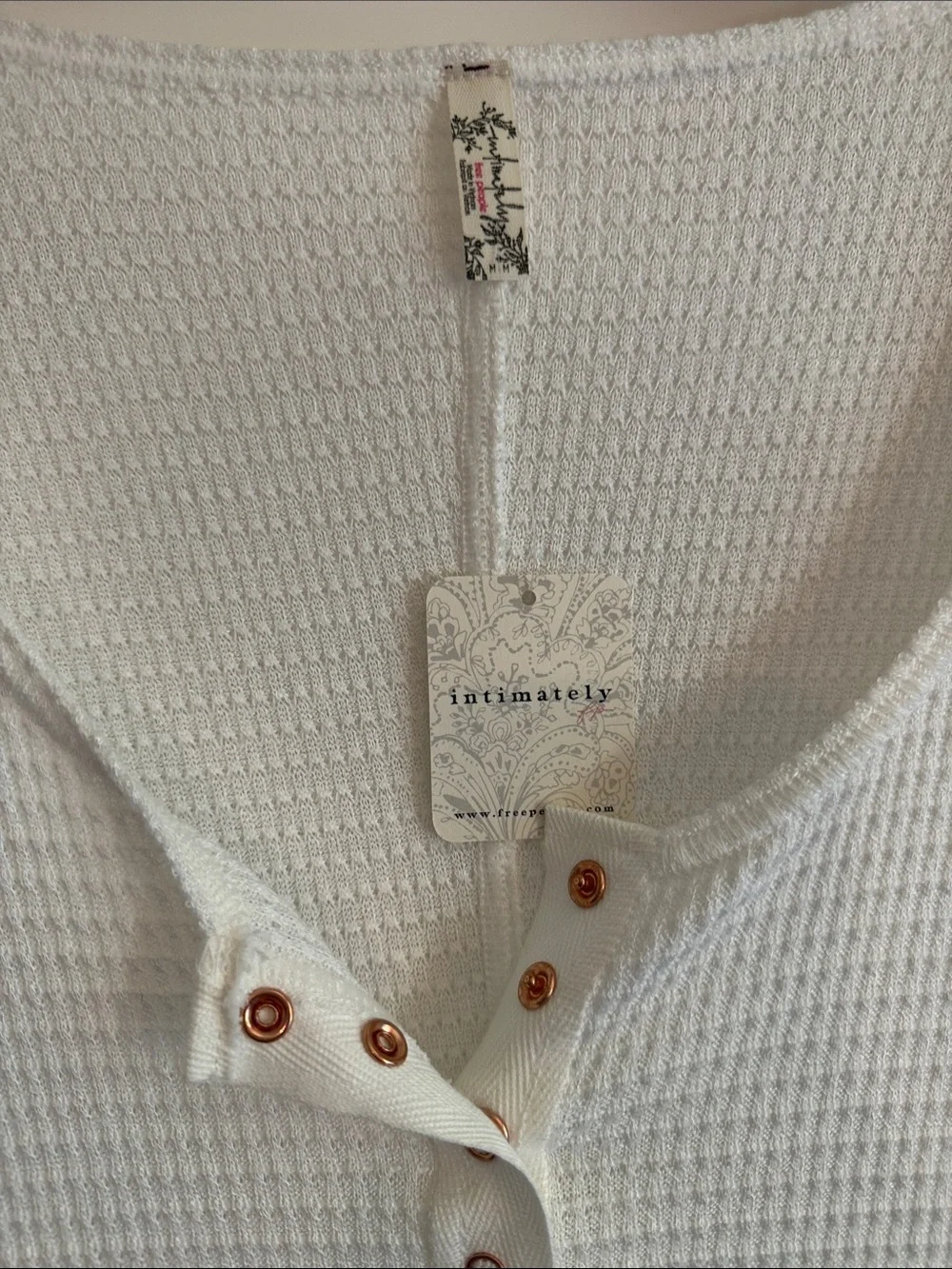 NWT Free People! White Waffle Henley Top with Contrast Buttons